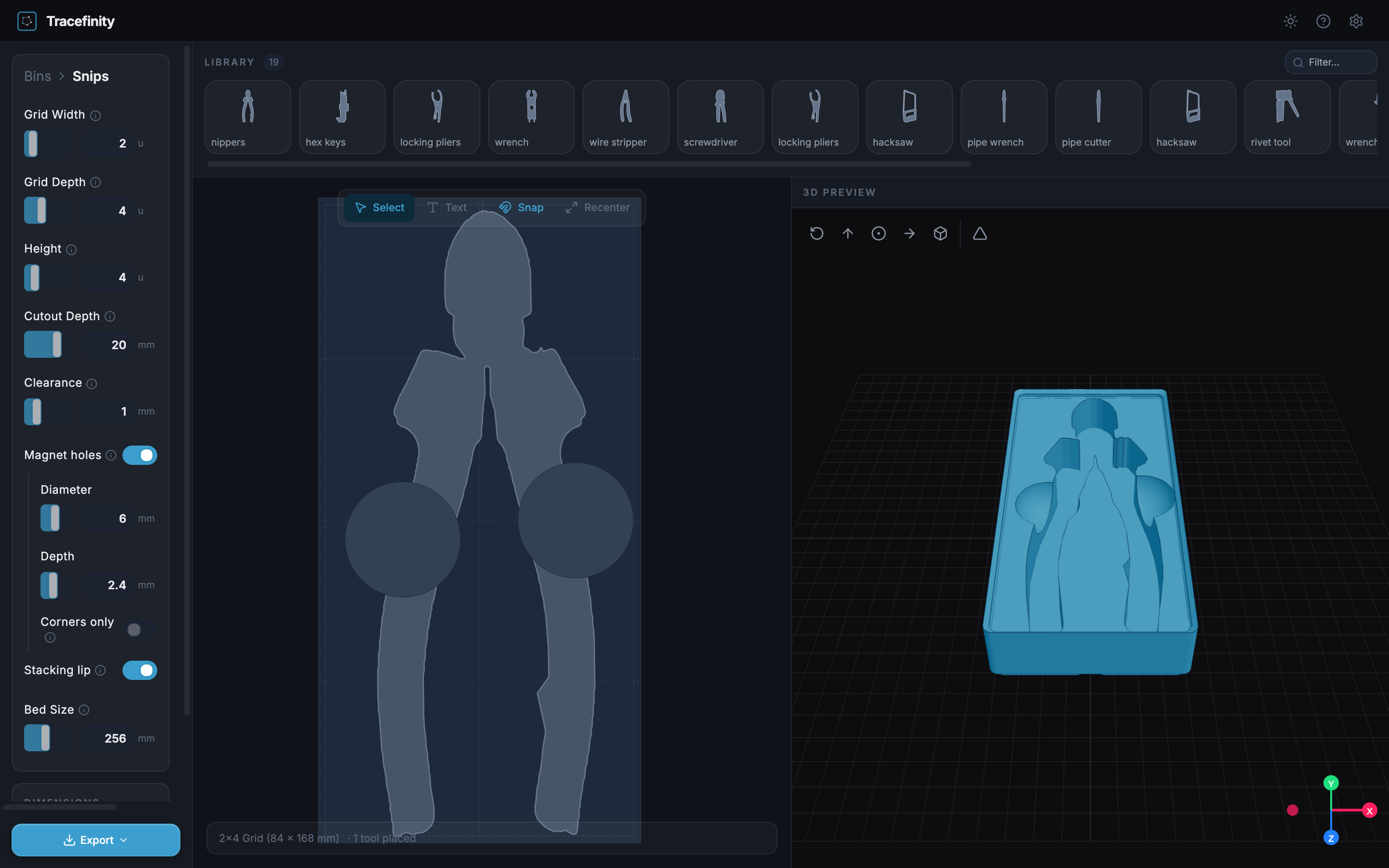 Tracefinity's bin editor, showing a traced tool outline and a 3D preview of its storage bin.